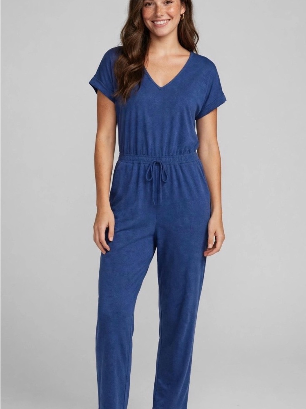 Women's Blue V-Neck Drawstring Jumpsuit Size L